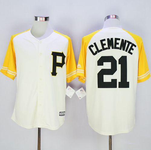 Pirates #21 Roberto Clemente Cream/Gold Exclusive New Cool Base Stitched MLB Jersey - Click Image to Close
